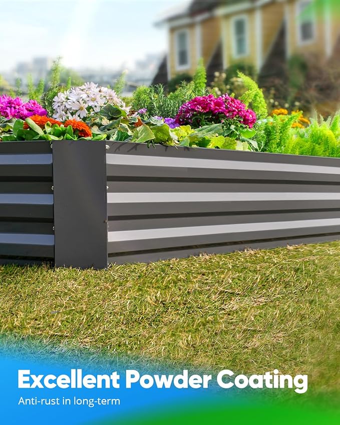 Quictent Galvanized Raised Garden Bed 8x4x1 Ft Metal Planter Box for Vegetables Bottomless for Backyard, 2 Tomato Cages Included, Dark Grey