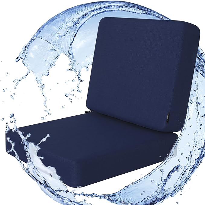 Favoyard Outdoor Deep Seat Cushion Set, 24 x 24 Inch Rainproof & 3-Year Fade Resistant Patio Furniture Cushions, Removable Seat Bottom & Back Cushion Covers with Ties for Chair, Sofa, Couch, Blue