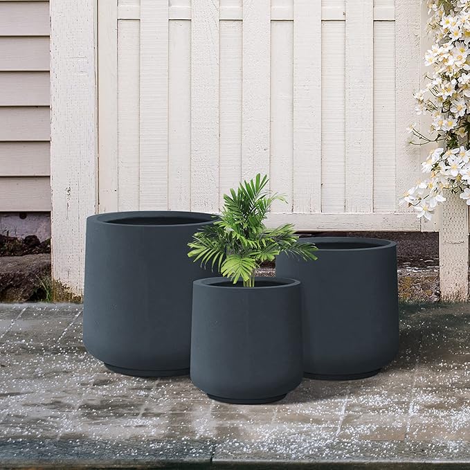 Kante 15.3"+11.6"+8.2" Dia Round Concrete Planter, Large Outdoor Indoor Planter Pots Containers with Drainage Holes and Rubber Plug for Home Garden Patio, Charcoal