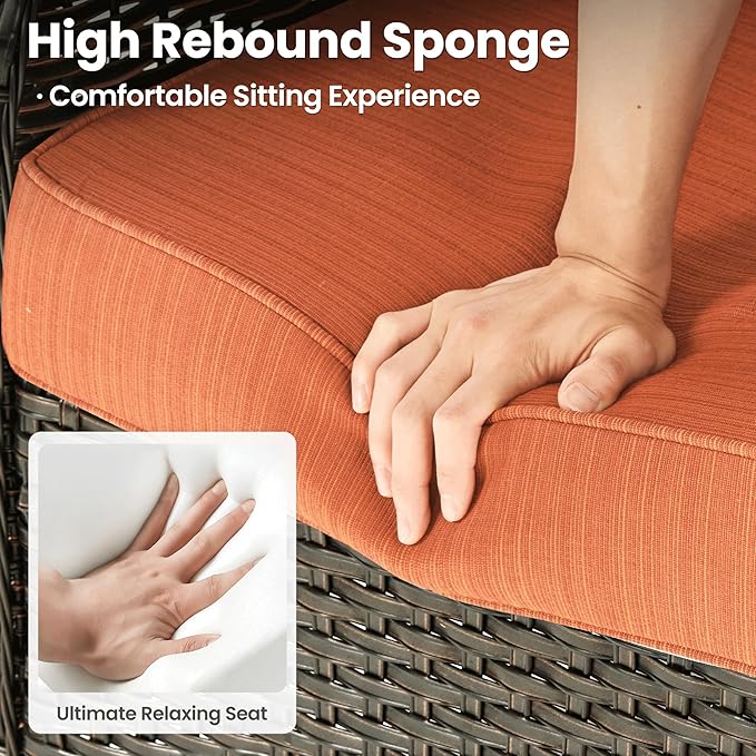 ovios 5 Pieces Patio Furniture Set with 30" Fire Pit Table, Outdoor Wicker Sofa with Loveseat, Comfy Cushions, High Back Couch Conversation Set, Brown Rattan, Orange Red