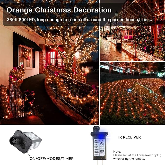 Orange Halloween Lights, 800LED 330FT Orange String Lights 8 Modes Timer Plug in Waterproof Indoor Outdoor Orange Christmas Lights for Halloween Christmas Garden Party Decoration