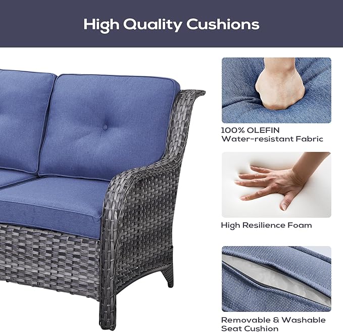 Outdoor Sectional Sofa Furniture Set with Propane Fire Pit Table, Wicker Patio Conversation Set with 2 Swivel Glider Rocker Chairs Blue Cushion Perfect for Backyard Casual Gathering