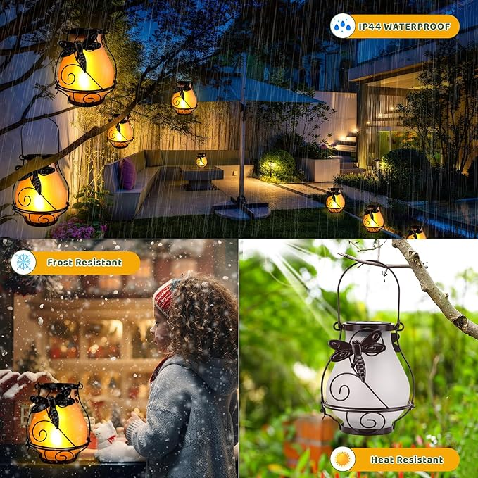 Solar Lanterns, Hanging Outdoor Lantern with Dragonflies LED Flickering Flameless Candles, Solar Lanterns Outdoor Waterproof for Table Party Decorative Yard Pathway (Dragonflies)
