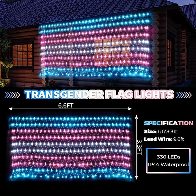 Trans Flag Lights Outdoor, 6.6x3.3 FT Trans Pride Flag Pride Decorations Connectable, 330LED Waterproof Transgender Flag with Lights, Pride Month Decorations for Room, Yard, Party, Office