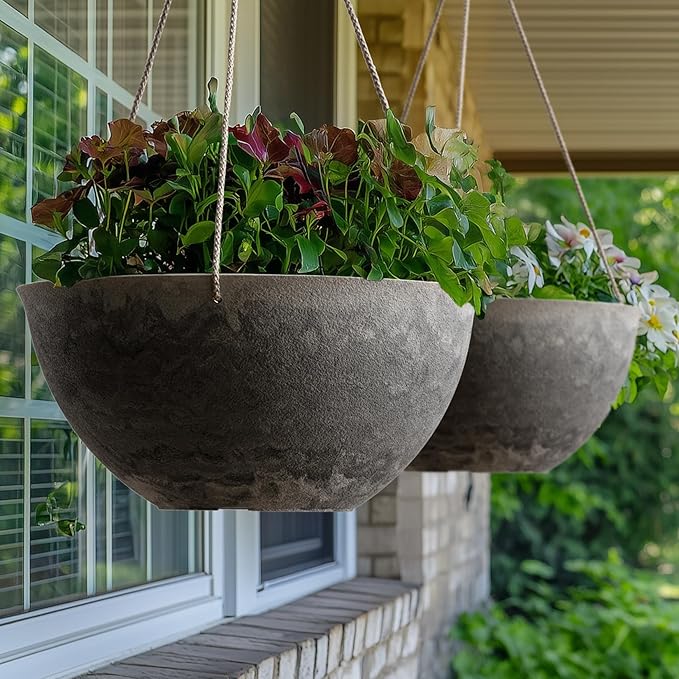 LA JOLIE MUSE Large Hanging Planters for Indoor Outdoor Plants, Hanging Flower Pots Marble Pattern (13.2 Inch,Set of 2)