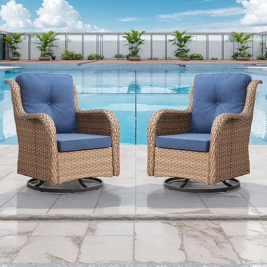 Outdoor Patio Swivel Rocker Chairs - Wicker Rattan Patio Swivel Rocking Chairs Set of 2 with High Back,Deep Seating and Comfort Cushions for Deck Porch Garden,Yellow/Blue
