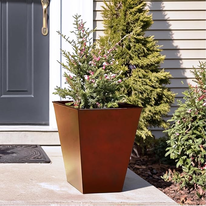 Worth Garden Large Metal Glazed Floor Planter Set of 2-14" Dia x 18" H - Luxurious Glossy Finish Red Tall Square Tapered Steel Plant Pots, Decor Flower Pot Indoor & Outdoor, Drainage Hole