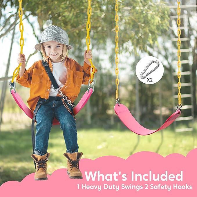 TURFEE Swings for Outdoor Swing Set -SwingSeat Replacement Kits with Heavy Duty Chains - Backyard Swingset Playground Accessories for Kids (Pink)