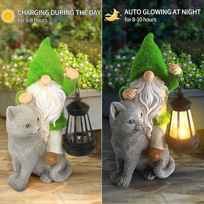 Garden Cat Gnome Decorations for Yard with Solar Lights,Resin Flocked Gnome Figurine Holding Latern,Outdoor Gnomes Decorations for Yard Patio Lawn Porch, Garden Gifts for Mom