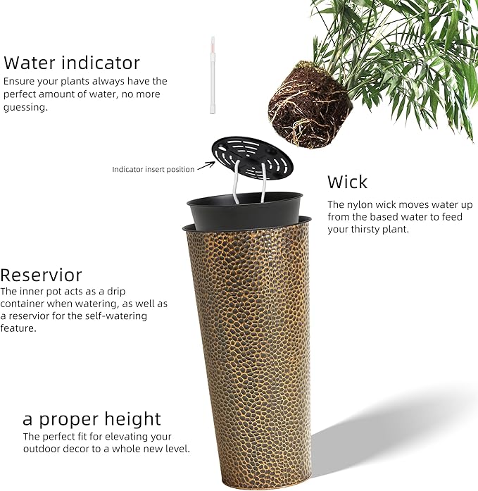 KOL 28" H. Tall Metal Cone Planters with Inner Pots 2-Pack, Bronze Hand-Hammered Large Decor Planter for Deck, Patio, Porch - Handcrafted Flower Pot - with Water Level Indicator - Indoor Outdoor Use
