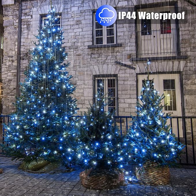 Vivideal 200 LED Christmas Lights Outdoor - 66ft Christmas String Lights 8 Modes Plug in Waterproof Fairy Lights with Timer Memory for Indoor Outside Bedroom Home Party Decoration, Blue&White