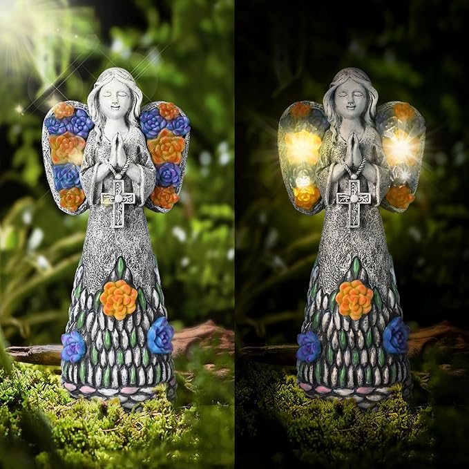 Yiosax-Garden Angels Outdoor Statue-Solar Lights Decor - Solar Angels for Cemetery Grave Cross Praying Succulent Wings Remembrance Angel Figurine Lawn Yard Decorations, White, Yiosax-Angel04