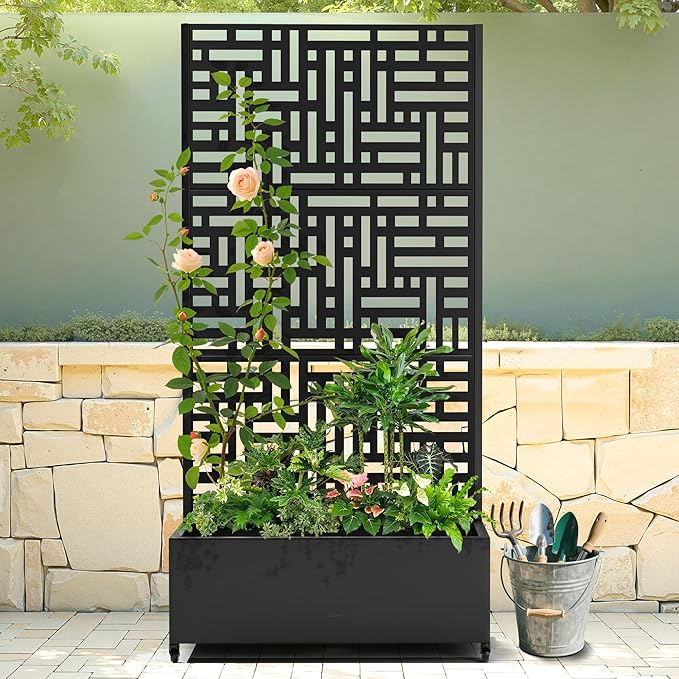 Raised Garden Bed with Trellis and Wheels,73"x35"x16" Metal Raised Garden Bed,Black Modern Metal Planter with Climbing Trellis for Vines & Vegetables