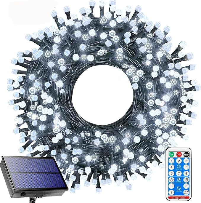Solar String Lights Outdoor,115 Ft 300 LED Solar Christmas Lights with Remote,8 Modes Waterproof Patio Lights for Christmas Tree Patio Yard Garden Party Decor (White)