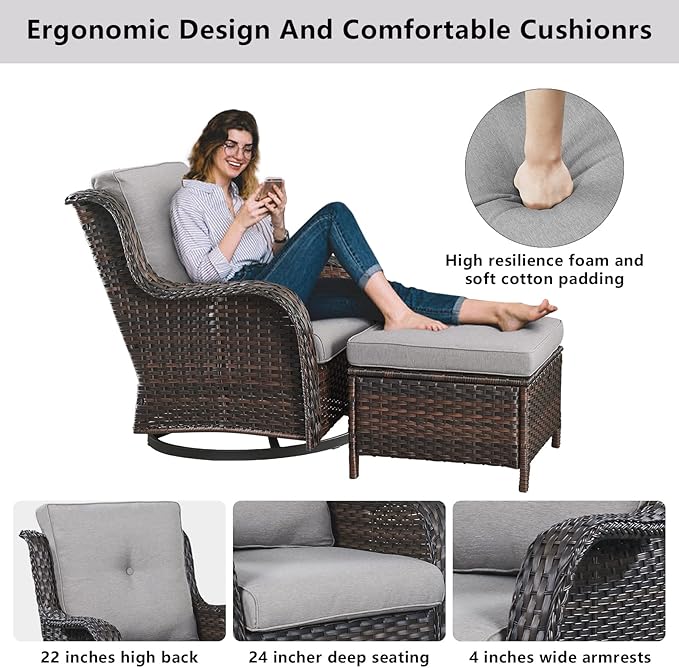 Wicker Outdoor Furniture Patio Furniture Set - 6 Piece Patio Conversation Set with Swivel Rocker Chairs, Loveseat Sofa, Ottomans and Coffee Table, Gray Cushion