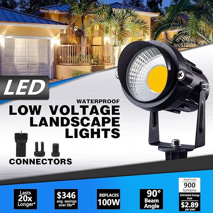 SUNVIE 12W LED Low Voltage Landscape Lights, Outdoor 12V 3000K Warm White (900LM) Waterproof Garden Pathway Lights Wall Tree Flag Spotlights with Spike Stand, 2 Pack with Connector