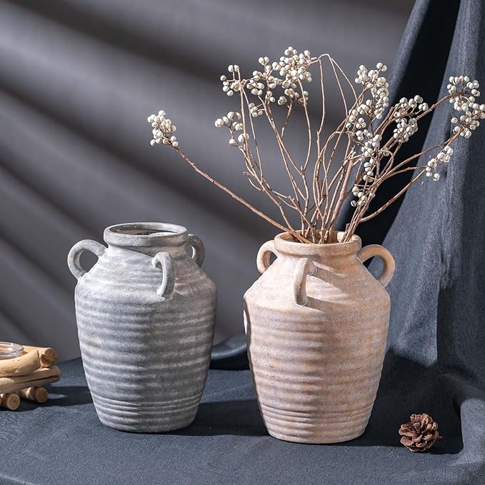 Grey Terracotta Ceramic Vase with Handles, Vintage Rustic Pottery Vases for Table Centerpiece, Cottage Core Home Decor, Large Flower Vases for Bouquet Entryway Mantel Bookshelf Living Room 8.9 Inch