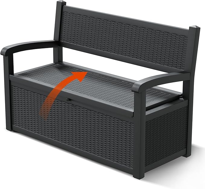 80 Gallon Outdoor Storage Box, Resin Patio Furniture with Armrest, Lockable Deck Box with Waterproof and UV Resistant for Patio Cushions, Garden Tools and Pool Supplies, Black