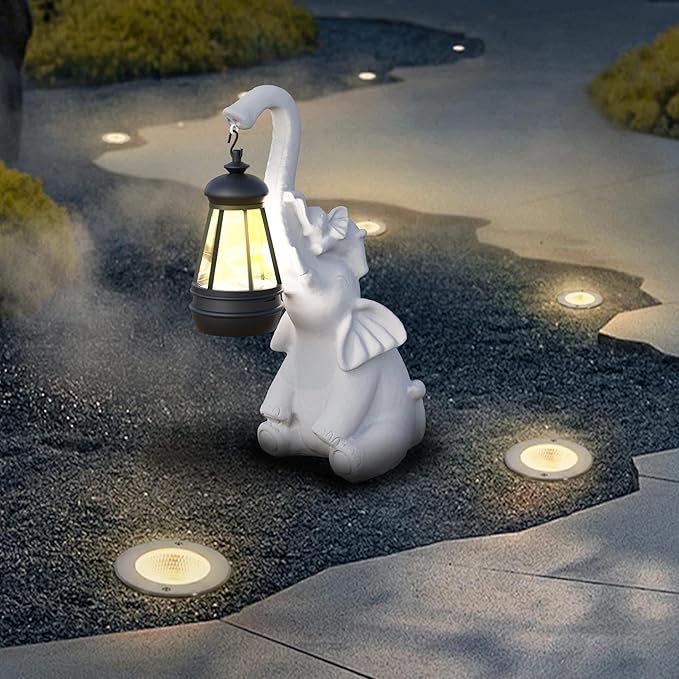 Statue Decoration, Figurine, Lawn Statue, Sculpture Ornament, Animal Figurine - Elephant Resin Statue with Lantern (Trunk)