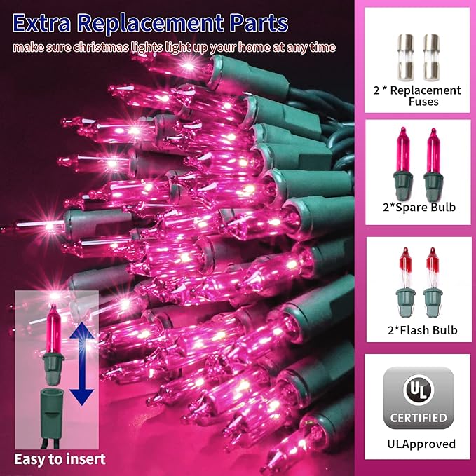 Ultra-Bright Connects End to End Pink Christmas Mini Light 300L 63.8Ft(2Sets-Each 150L)UL Listed Incandescent Bulb String Light for Indoor Outdoor Holiday Garden Party Christmas Tree Decor