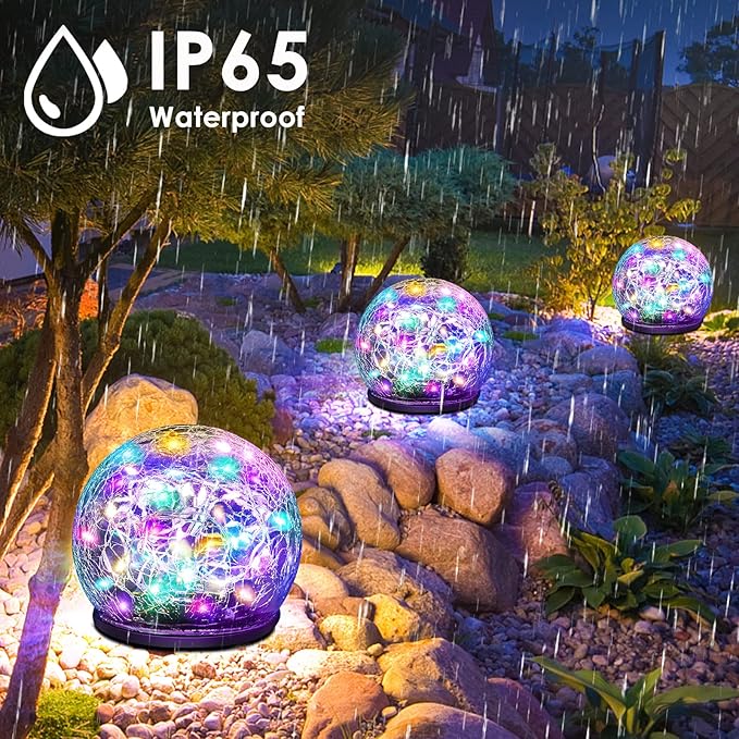 Solar Garden Lights, 2 Pack 80 LED Colored Cracked Glass, Multicolor Outdoor Decorative Ball Lights for Yard, Pathway, Patio, Christmas, 4.73