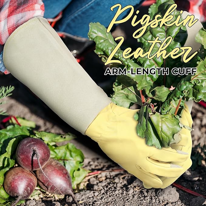 HANDLANDY Rose Pruning Gardening Gloves for Men Women, Thorn Proof Forearm Protection Leather Garden Gloves, Gardening Gifts for Gardeners (Beige- goatskin, Large (Pack of 1))