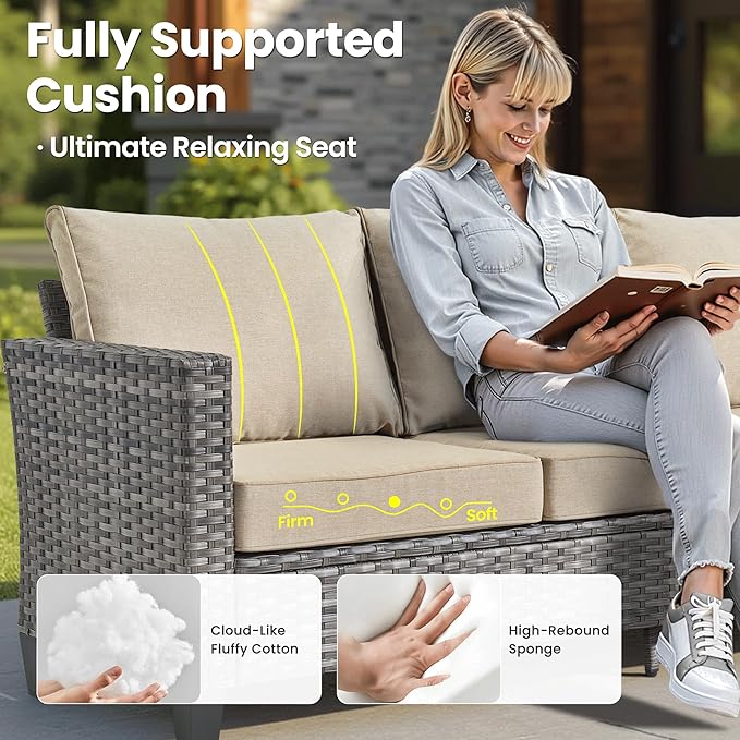 ovios 8 Pieces Patio Furniture Set with 54" Fire Pit Table, Outdoor Wicker Sofa with Comfy Cushions, All Weather High Back Rattan Couch Conversation Set, Beige