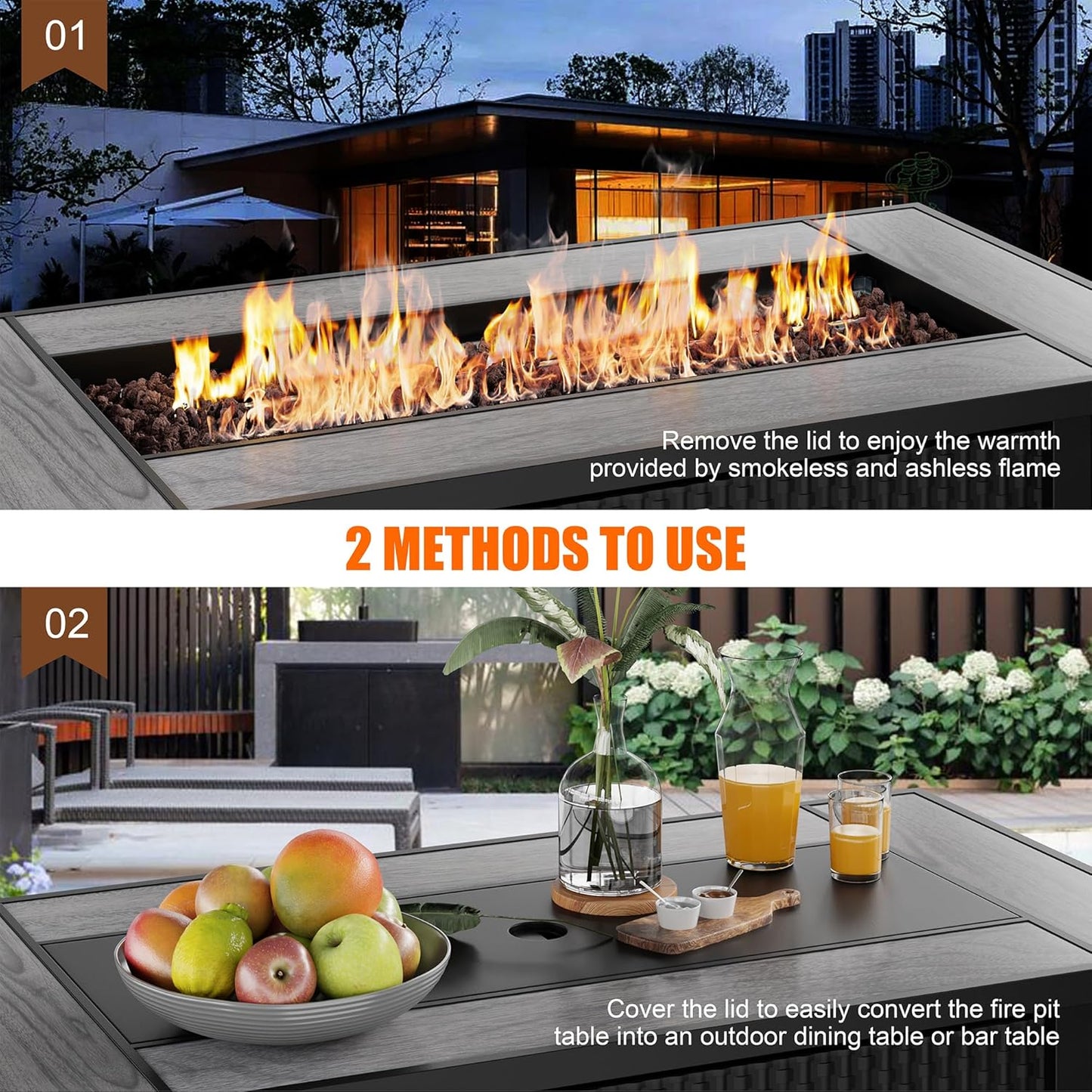 Walsunny 45 inch Outdoor Propane Fire Pit 50,000 BTU Gas Fire Pit Table with Lid, Lava Rock, Waterproof Cover, Rectangle Gas Firepit Table for Garden/Patio, CSA Certification