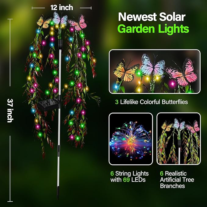 Solar Garden Lights Outdoor Decorative Waterproof, 69LED Swaying Tree Solar Lights for Outside, Butterfly Flower Lights Solar Power Yard Decor for Pathway Patio Lawn Decorations