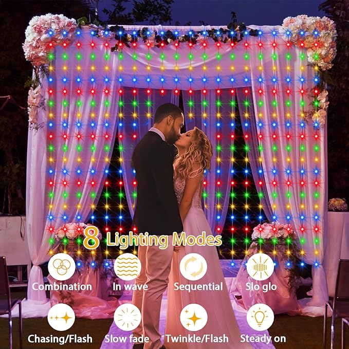 echosari Solar Curtain Lights 7.9ft x 6ft 144 LED Outdoor Curtain Lights Waterproof with Timer 8 Modes for Christmas Garden Patio Fence Wedding Wall Window Gazebo Decor - Multicolor