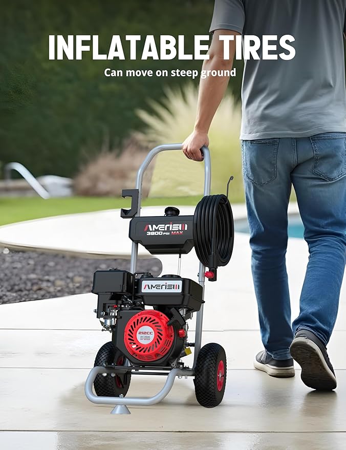 Gas Pressure Washer 3800 PSI and 2.5 GPM, 212CC, with Onboard Soap Tank, 10" Wheel, 5 Nozzle Set, for Cars/Fences/Homes/Patios/Furniture