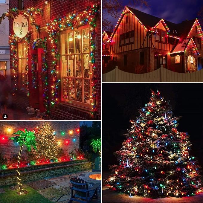 Vintage C9 Multicolor Christmas Lights Outdoor, 100 FT C9 String Lights for Christmas Decorations Holiday Party Indoor Room Outdoor Roofline Backyard Garden Patio Cafe Home Decoration, E17 Base