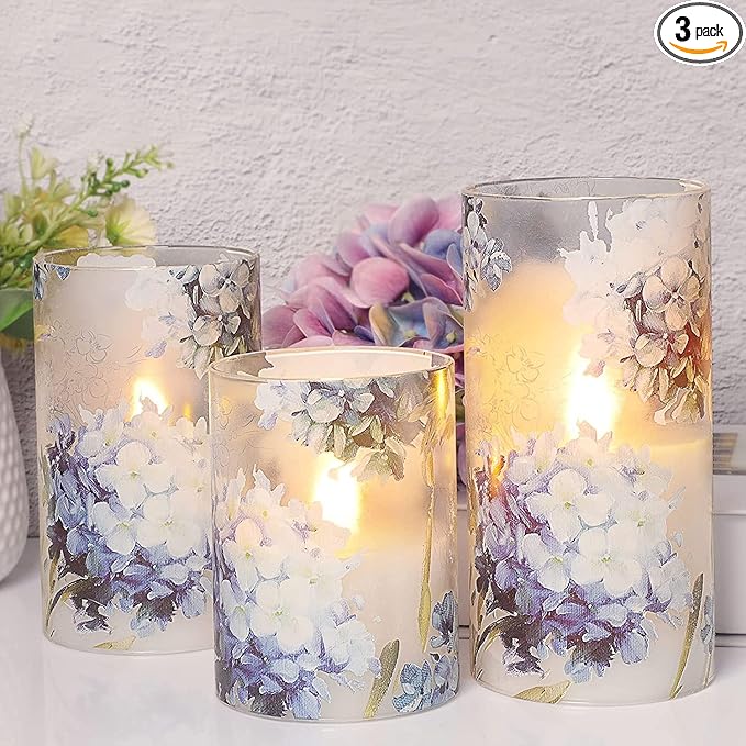Floral Flameless Candles Decorative Battery Operated with Remote Hydrangea Flowers Romantic Lovers Flickering Pillar Candles for Wedding Tray Centerpiece Home Decor