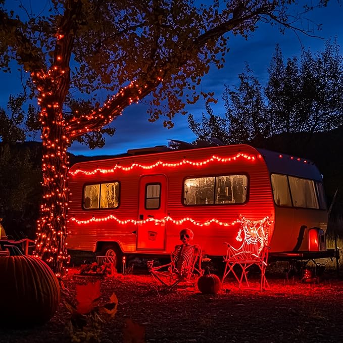 JMEXSUSS 66ft 200 LED Red Solar Halloween Lights, 2 Pack Solar Fairy Lights Outdoor Waterproof, 8 Modes Solar String Lights for Outside Garden Christmas Tree Party Halloween Decorations