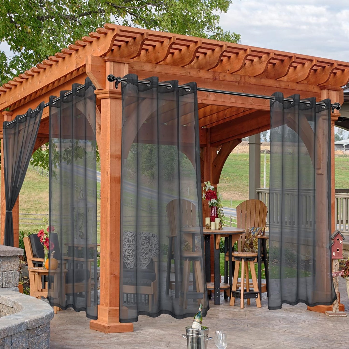 HolidayIdeas Outdoor Sheer Curtains for Patio Waterproof, 4 Panels - 54 x 95 Inch - Grey Light Filtering Voile Outside Curtains Grommet Drapes for Front Porch, Gazebo, Pergola, Backyard