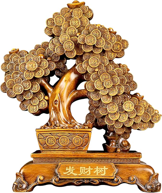 FENGSHUI-CAISHEN Top Resin Money Tree, Artificial Bonsai Tree, Handcrafted, Premium Quality, Feng Shui Gift for Abundance Luck and Success (Brown)