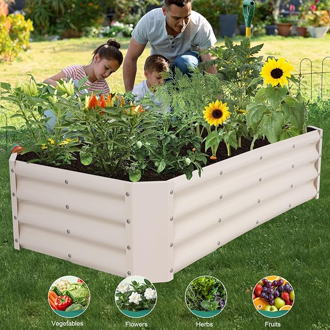 Galvanized Raised Garden Bed - 4x2x1ft Metal Garden Planter Box Outdoor | Steel Raised Bed Kit with Bracing Rods, Gloves for Gardening Vegetables Fruits and Flowers (White)