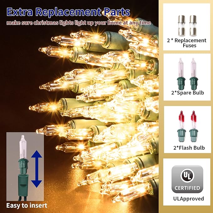 Ultra-Bright Connects End to End Warm White Christmas Mini Light 300L 63.8Ft(2Sets-Each 150L)UL Listed Incandescent Bulb String Light for Indoor Outdoor Holiday Garden Christmas Tree Decor