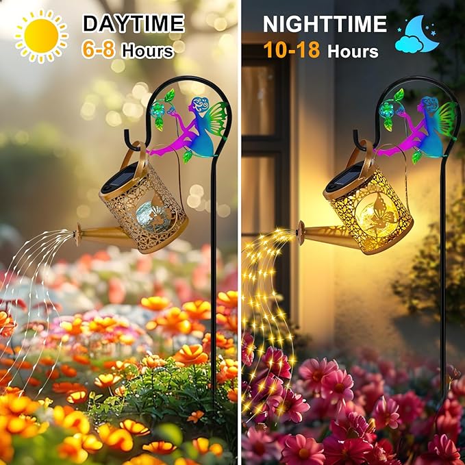 Solar Lights Garden Decorative, Solar Watering Can with Cascading Lights, Waterproof Metal Lantern with Fairy Shepherd Hook, Outdoor Decor for Yard, Patio, Lawn, and Pathway