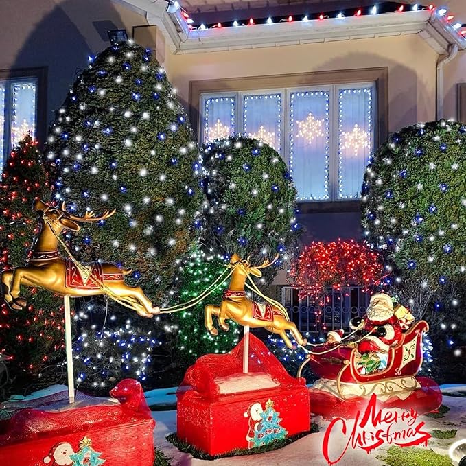 QITONG 4 Pack Blue and White Solar Fairy Lights, Each 33ft 100 LED String Light, 8 Modes Silver Wire Solar Twinkle Lighting for Tree Garden Yard Christmas