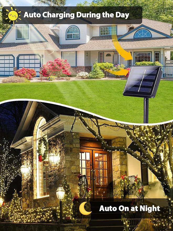 4 Pack 400 LED Solar String Lights for Outside, Solar Christmas Lights Outdoor with 8 Lighting Modes, Waterproof Green Wire Solar Powered Tree Light for Xmas Party Yard Garden Decorations (Warm White)