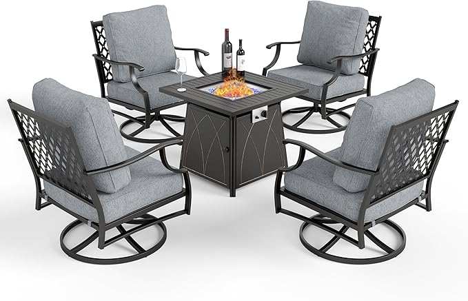 Patio Furniture Set with Fire Pit Table, 5 Pcs Metal Outdoor Conversation Set, 4 Swivel Chairs with 5.75" Extra Thick Cushion and 28" Fire Pit Table for Backyard Deck, Grey