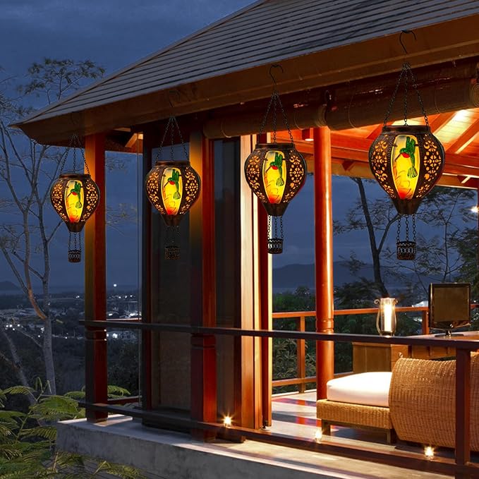 Hot Air Balloon Solar Lantern Hummingbird Lights, Flickering Flame Solar Hanging Lights for Outside,Waterproof for Garden Yard Patio Porch Decoration（Hummingbird）