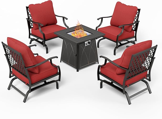 Patio Furniture Set with Fire Pit Table, 5 Pcs Metal Outdoor Conversation Set, 4 Rocking Chairs with 5.75" Extra Thick Cushion and 28" Fire Pit Table for Backyard Deck, Red