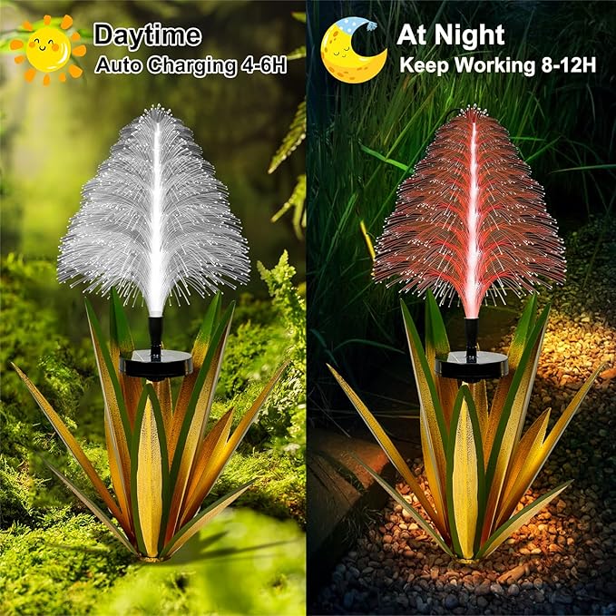 Metal Outdoor Decoration Gift Metal Agave Plants Outdoor Decor, Agave Yard Art Garden Lights Solar Outdoor, 7 Color Changing Garden Yard Pathway Xmas Decor Waterproof (1 pcs Light Green)