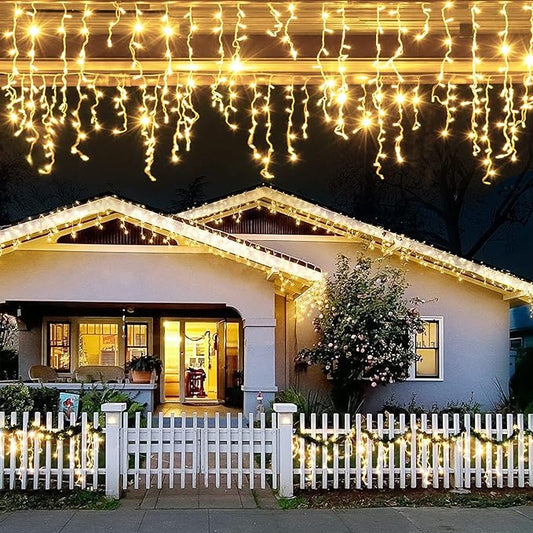 JMEXSUSS 200 LED Icicle Lights, 8 Modes Icicle Lights Indoor, Warm White Icicle Christmas String Lights Outdoor Waterproof for Xmas Roof Wedding Party Holiday Room Home Decorations