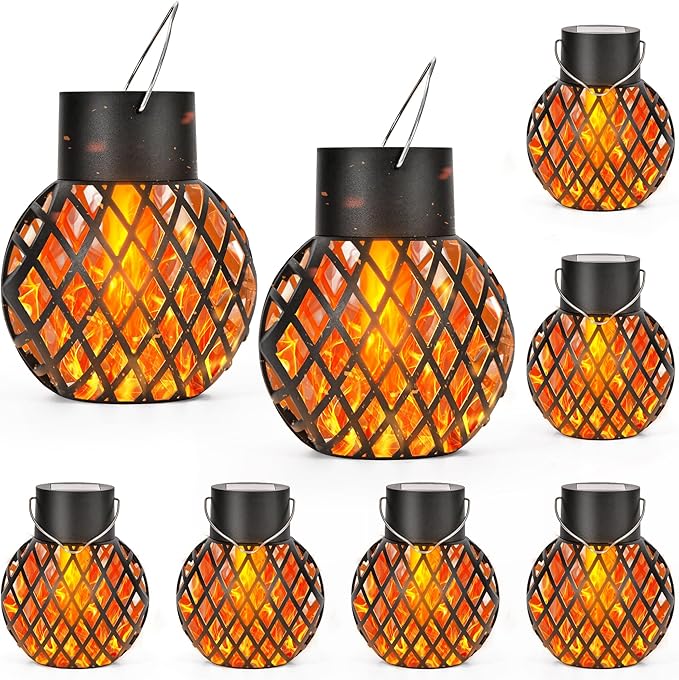 GIGALUMI Solar Lights Outdoor Waterproof,8 Pack Solar Hanging Lights with Flickering Flame,Outdoor Solar Lights for Yard,Patio,Tree,Camping,Christmas Decoration,New Upgraded Larger Lanterns