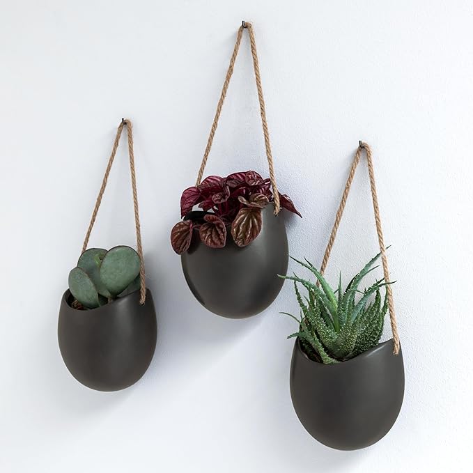 Wall Planters -Ellie- | Hanging Ceramic Plant Pots 3 Pieces | Wall Decoration for Indoors, Balcony and Garden | Graphite (Matte)