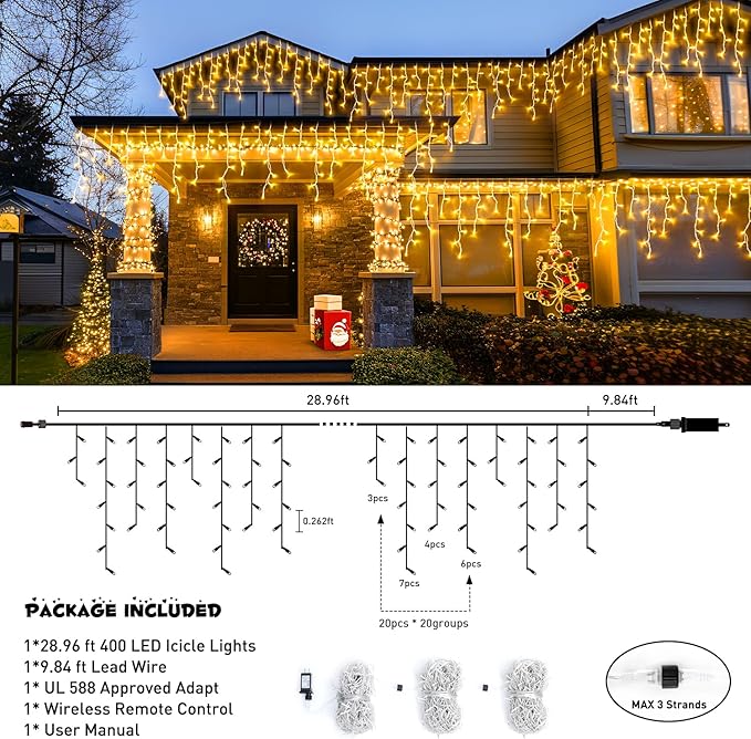 JMEXSUSS 38.8FT Icicle Lights for Outside, 400 LED Icicle Christmas Light Outdoor Indoor Plug in, Warm White Curtain String Lights for Wedding House Patio Party Fireplace Holiday Decorations