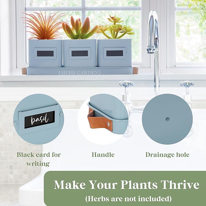 PERFNIQUE Indoor Herb Garden, Herb Garden Planter Set with Tray, Farmhouse Indoor Plant Pots, Windowsill Herb Garden with Drainage(Planter only) for Indoor/Outdoor, Window Pots(Sky Blue)